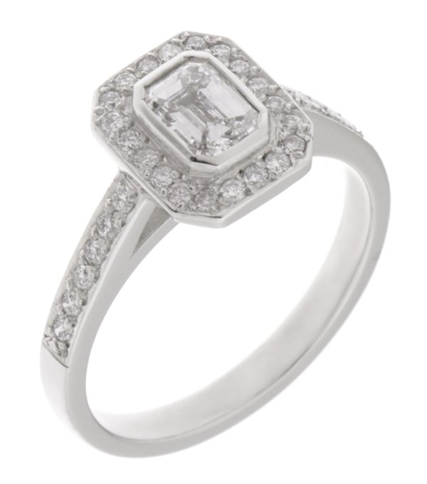 Classic rubover Emerald cut and round diamond halo cluster ring main image