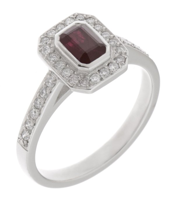 Classic rubover Emerald cut ruby and diamond halo cluster ring main image