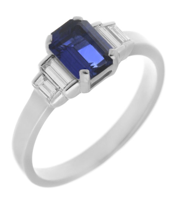 Art deco emerald cut blue sapphire and four baguette cut diamond ring main image