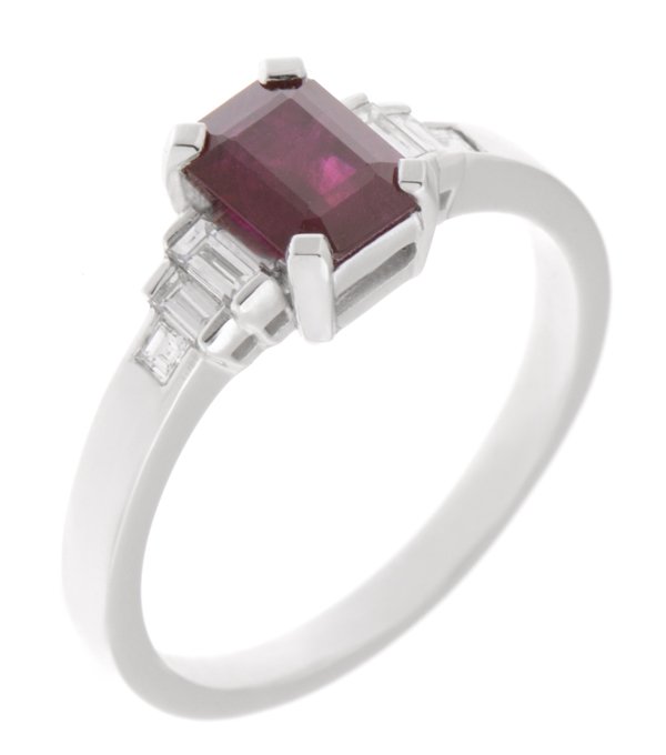 Art deco emerald cut ruby and baguette diamond ring main image