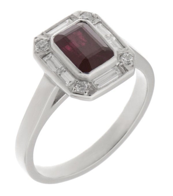 Law art deco emerald cut ruby and diamond halo cluster ring main image