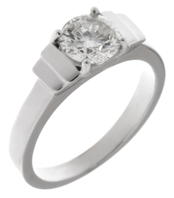 Art deco step round brilliant cut diamond solitaire engagement ring main