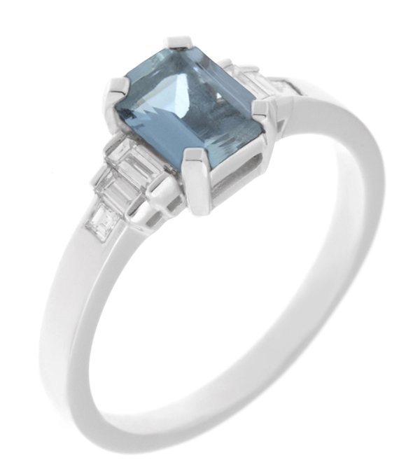 Art deco emerald cut aquamarine and baguette diamond ring main