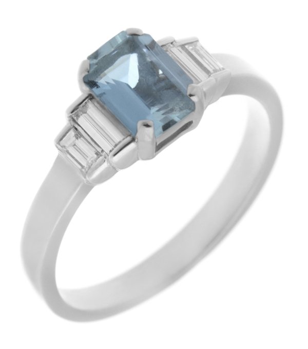 Art deco emerald cut aquamarine and four baguette cut diamond ring main image