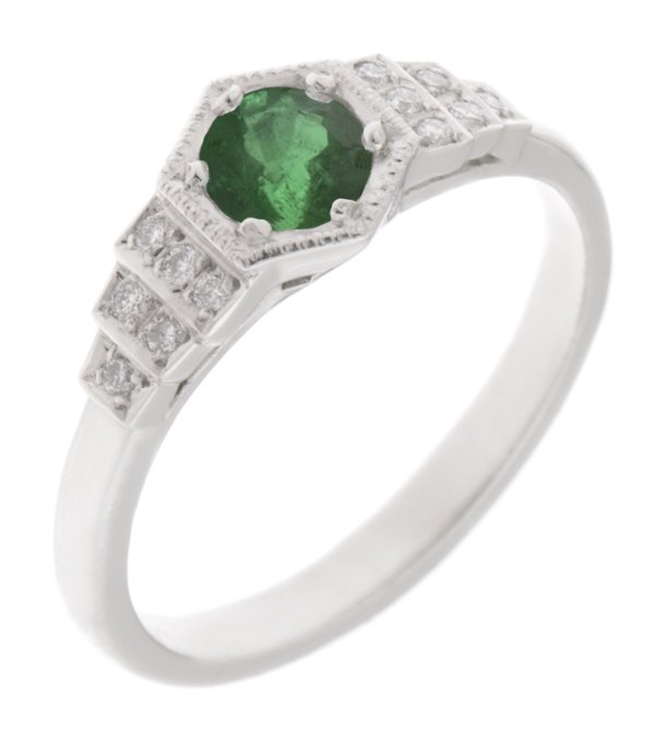 Art deco hexagon round emerald and diamond ring