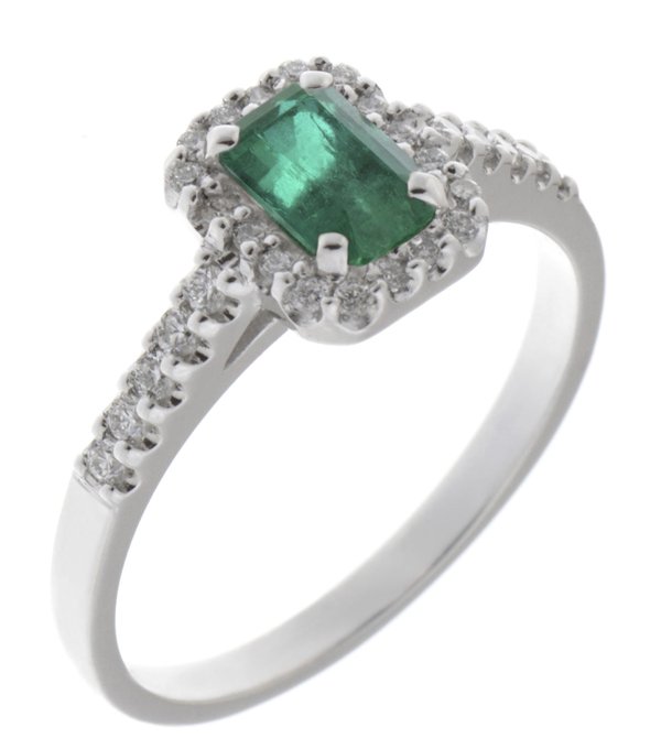 Prudence classic emerald cut emerald and round brilliant diamond halo ring