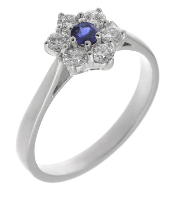 Daisy style claw set round blue sapphire and diamond cluster ring