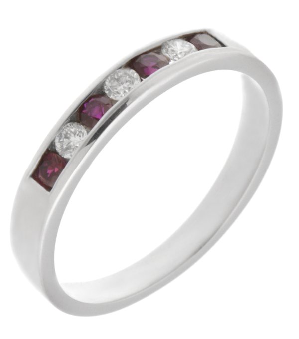 Classic channel set round ruby and diamond eternity ring