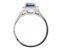 Cushion cut blue sapphire and round diamond halo ring with split shoulders