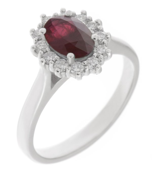 Crystal oval ruby and diamond halo cluster ring
