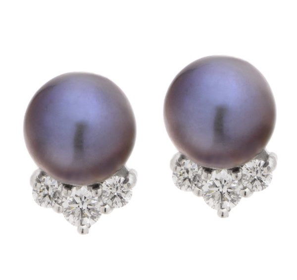 Round black pearl and diamond drop cluster earrings