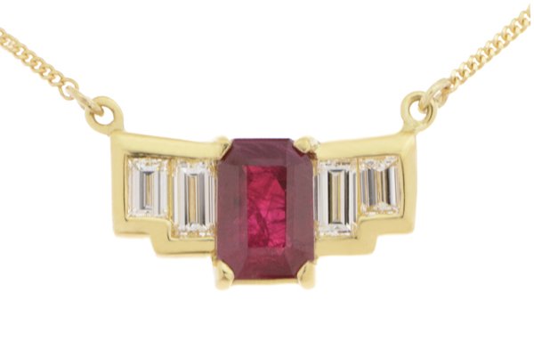 Art deco wing emerald cut ruby and baguette diamond pendant main image