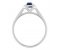 Classic claw set emerald cut blue sapphire and diamond halo cluster ring side view