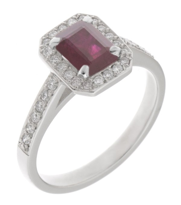 Classic claw set emerald cut ruby and diamond halo cluster ring main image