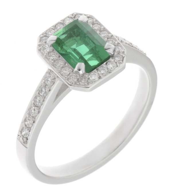 Classic claw set emerald cut emerald and diamond halo cluster ring main image