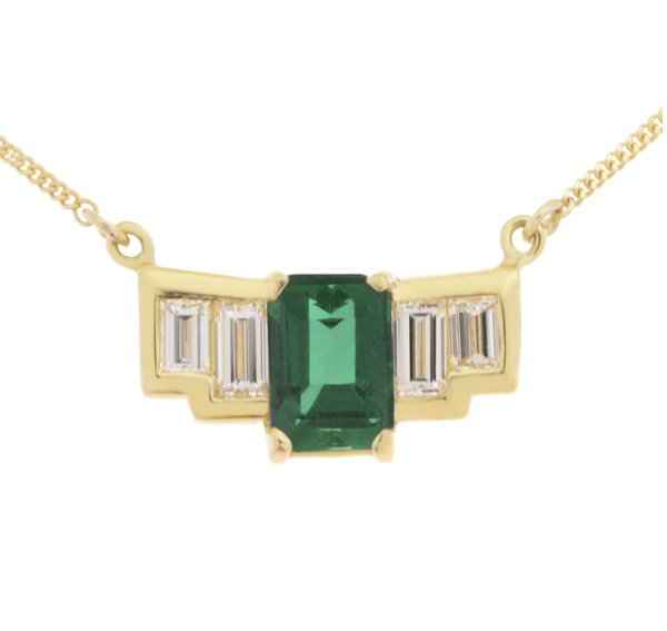 Art deco wing emerald cut emerald and baguette diamond pendant main image