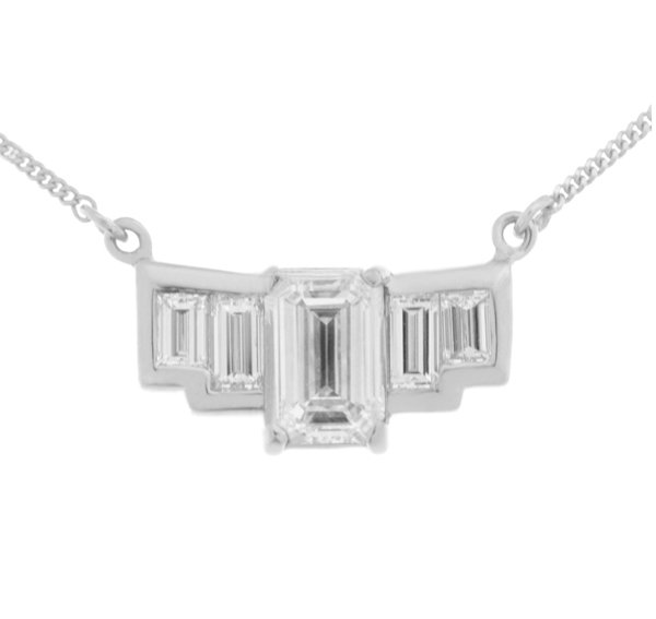 Art deco wing emerald cut and baguette diamond pendant main image