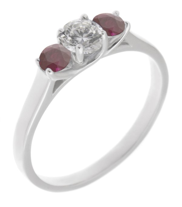 Vienna round brilliant cut diamond and ruby trilogy ring main image