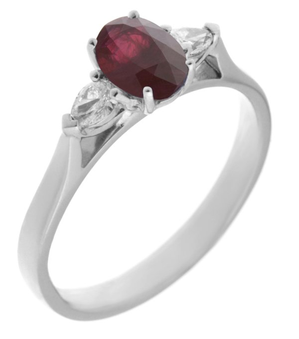 Olivia oval shape ruby and pear cut diamond trilogy ring main image