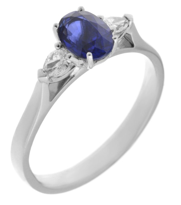 Olivia oval shape blue sapphire and pear cut diamond trilogy ring main image