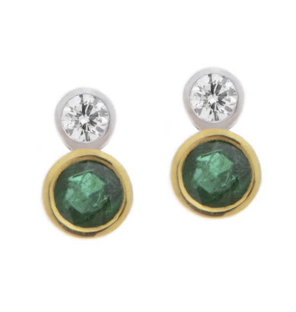 Round rubover set emerald and diamond drop earrings main image