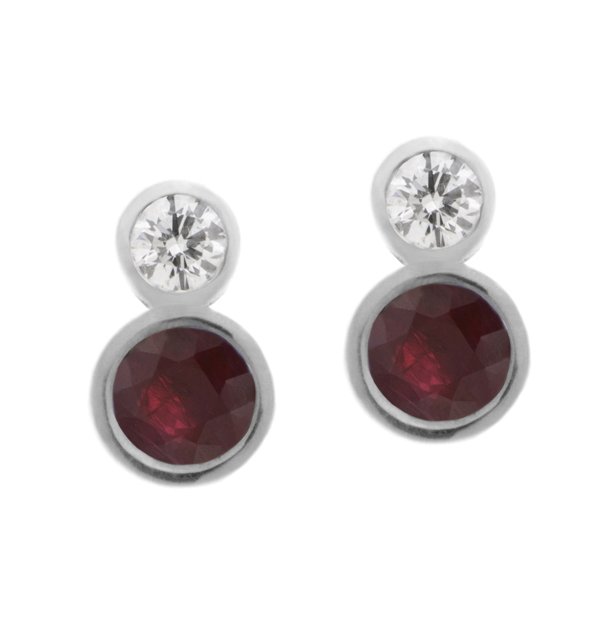 Round rubover set ruby and diamond drop earrings main image