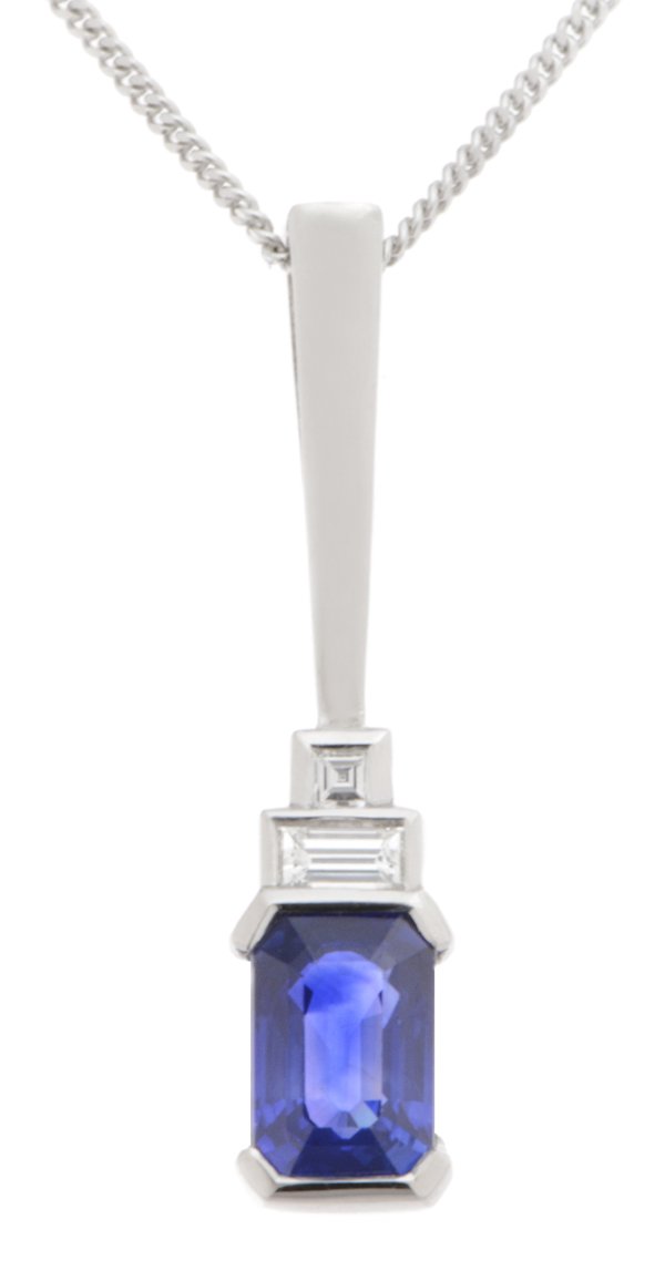 Art deco emerald cut blue sapphire and square baguette diamond pendant main image