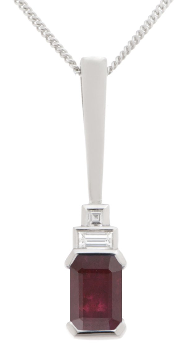 Art deco emerald cut ruby and square baguette diamond pendant main image