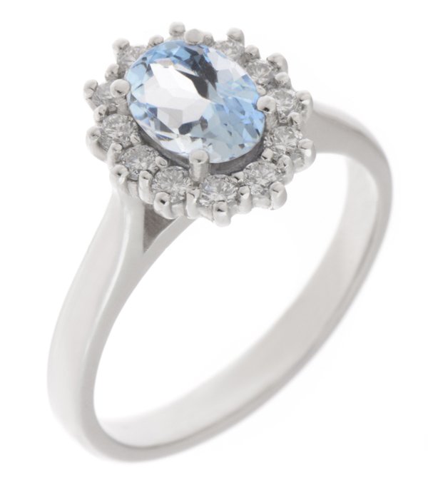 Crystal oval aquamarine and diamond halo cluster ring main image