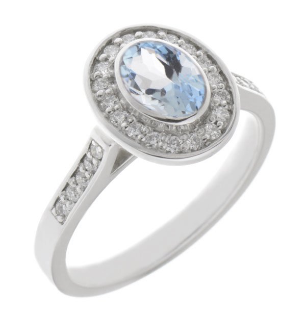 Classic rubover set oval shape aquamarine with round diamond halo ring main image