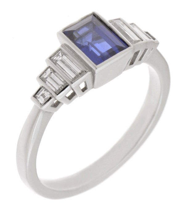 Art deco rubover baguette cut blue sapphire and baguette diamond ring main image