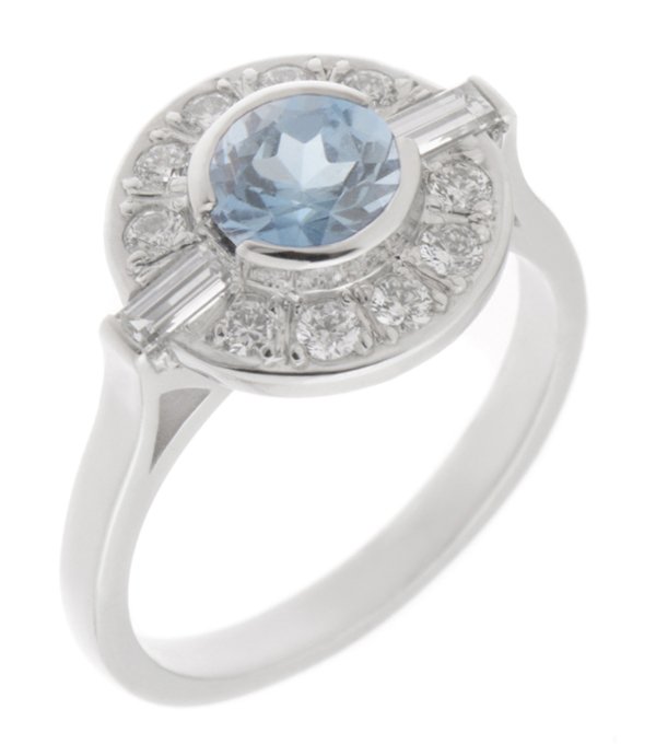 Clarice Art deco round aquamarine and diamond halo cluster ring main image