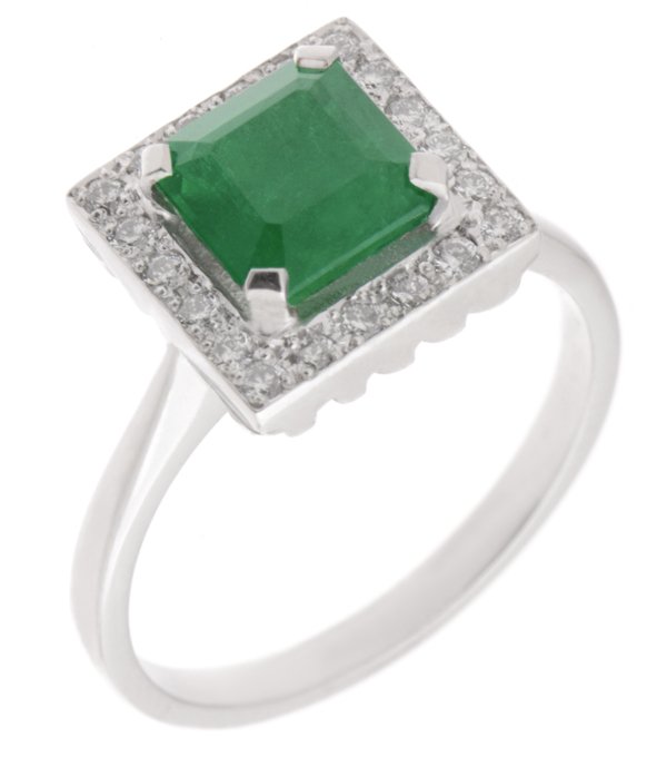 Leo Art deco style square octagon emerald and diamond halo cluster ring main image