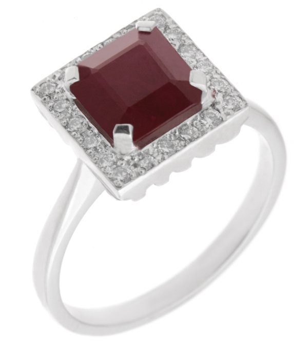 Leo Art deco style square octagon ruby and diamond halo cluster ring main image