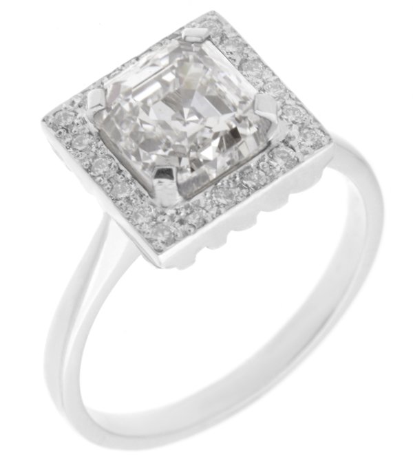 Leo Art deco style asscher and round diamond halo cluster ring main image