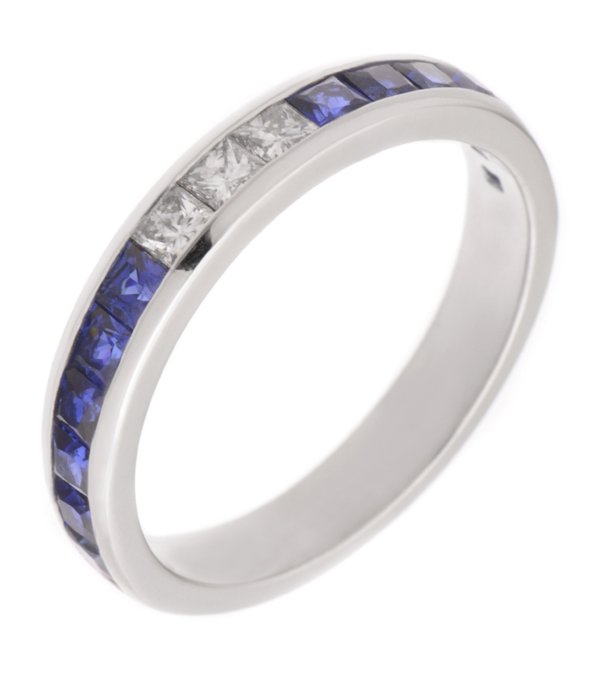 Square blue sapphire and princess cut diamond eternity ring main image