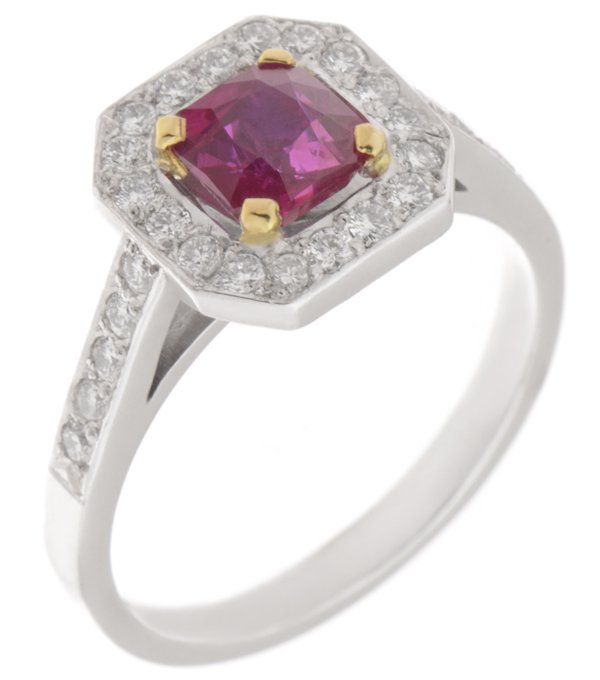 Luciana Art Deco square octagon ruby and diamond halo cluster ring main image