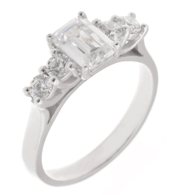 Emerald cut and round brilliant five stone diamond ring