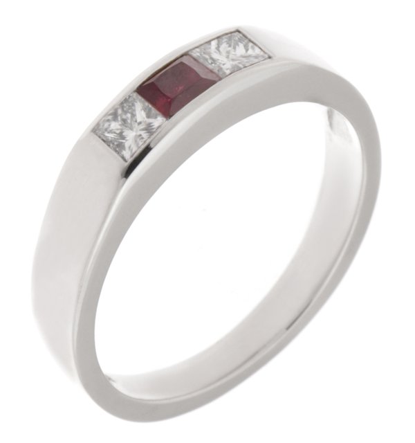 Channel set square ruby centre and princess cut diamond trilogy ring main image
