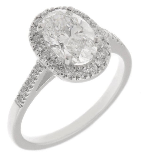 Classic claw set oval diamond with round diamond halo engagement ring main image