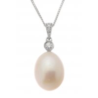 Oval white cultured river pearl and diamond pendant