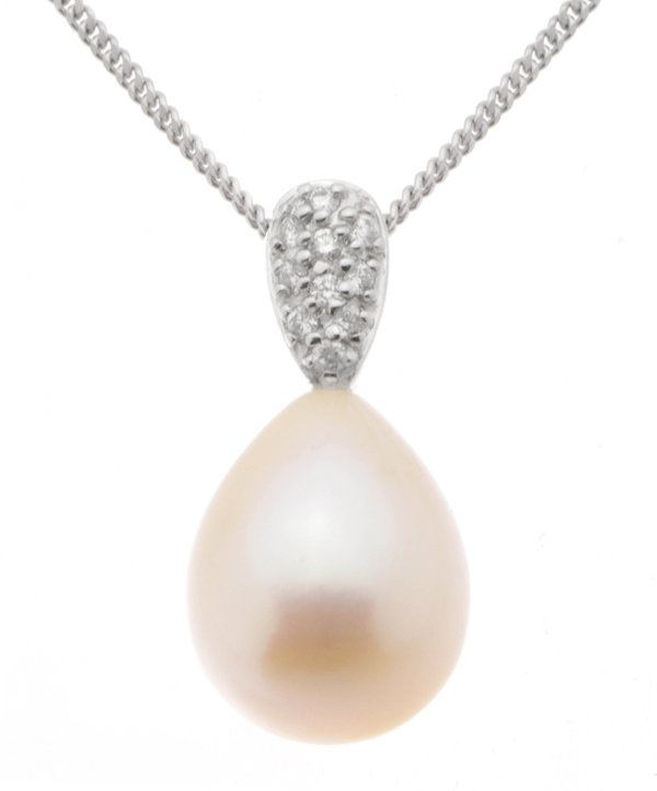 Tear drop white cultured river pearl and diamond cluster pendant main image