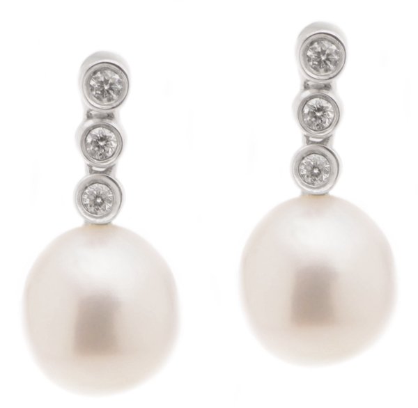 Tear drop cultured river pearl and diamond trilogy drop earrings main image