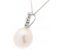 Oval white cultured river pearl and diamond trilogy pendant side view