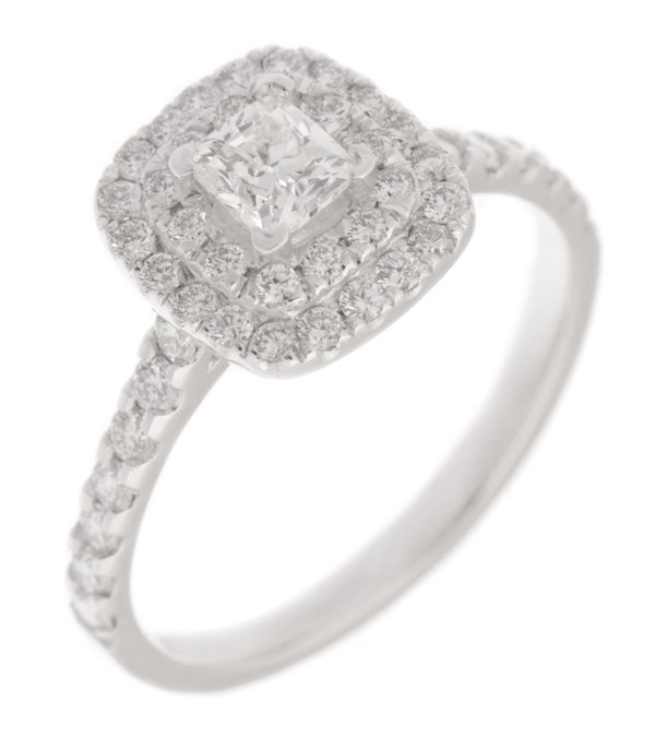 Double halo cushion cut diamond cluster ring with round diamond set single shoulders main image