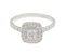 Double halo cushion cut diamond cluster ring with round diamond set single shoulders angle view