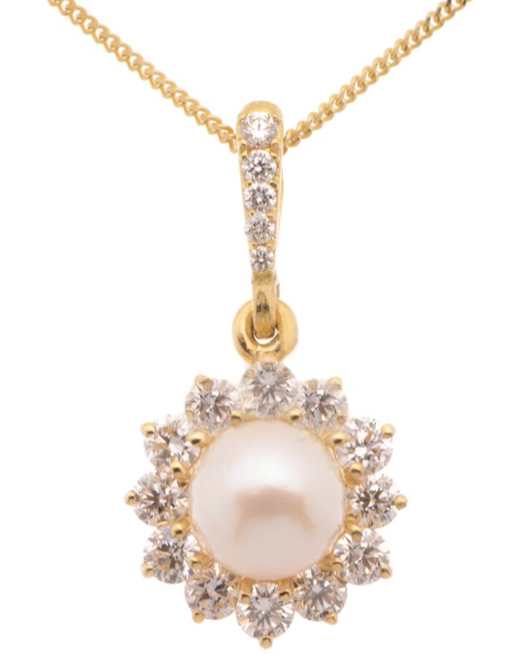 Classic round pearl and diamond petal style cluster pendant main image