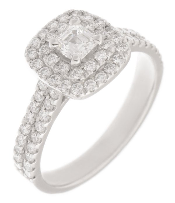 Double halo asscher cut diamond cluster ring with round diamond set double shoulders main image
