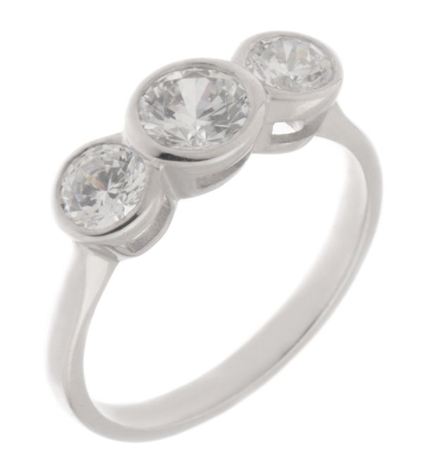 Classic rubover set round brilliant cut diamond trilogy ring main image