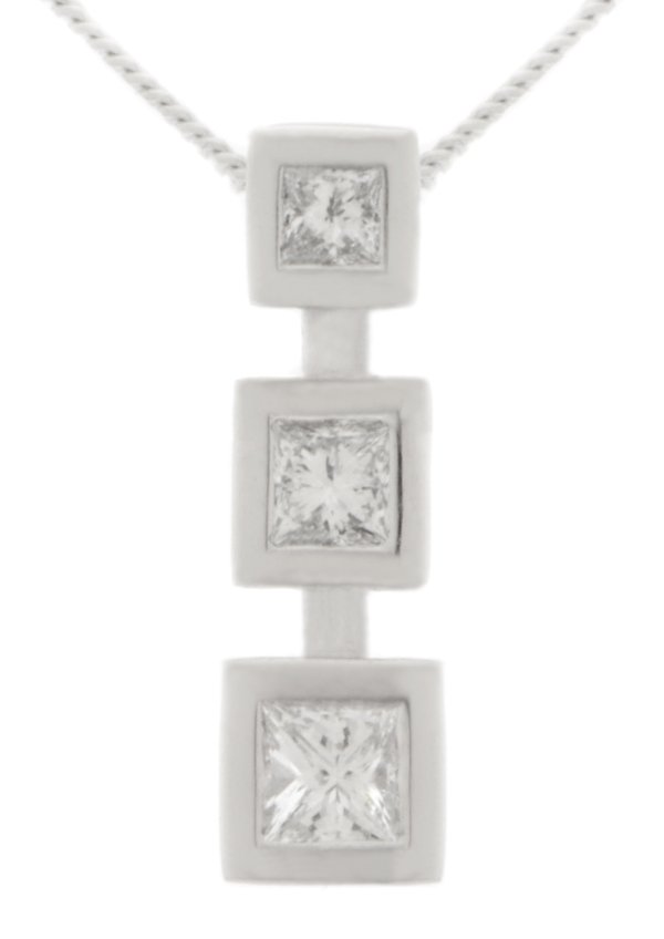Modern princess cut diamond trilogy drop pendant main image